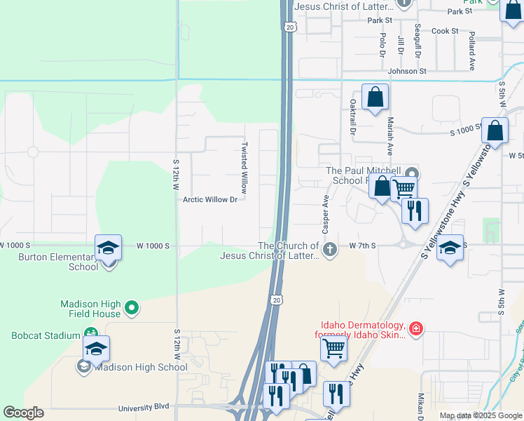 map of restaurants, bars, coffee shops, grocery stores, and more near 619 Countryside Avenue in Rexburg