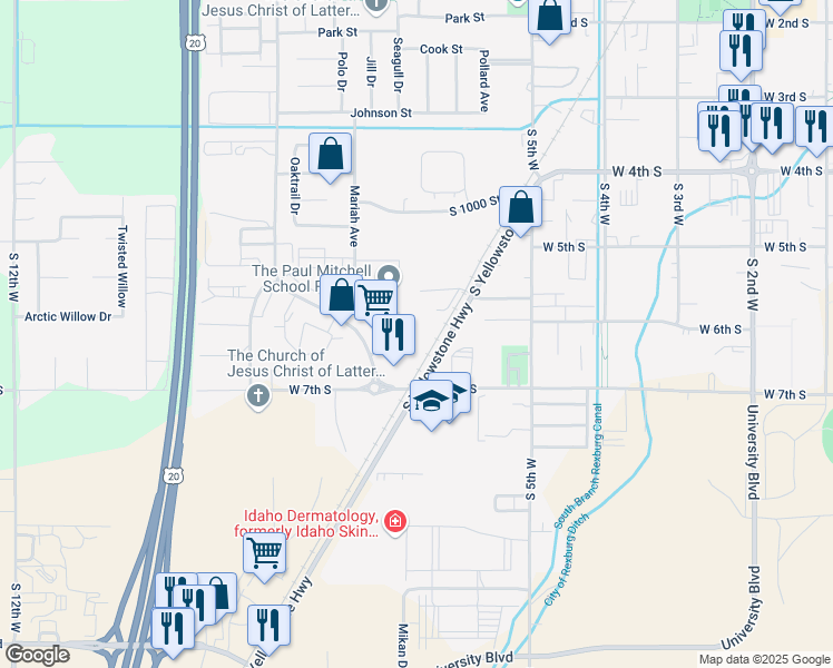 map of restaurants, bars, coffee shops, grocery stores, and more near 591 Turin Way in Rexburg