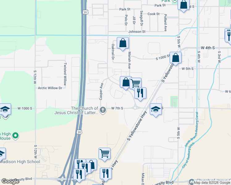 map of restaurants, bars, coffee shops, grocery stores, and more near 76 Pioneer Road in Rexburg