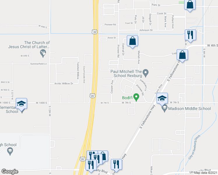 map of restaurants, bars, coffee shops, grocery stores, and more near 885 Andrews Place in Rexburg