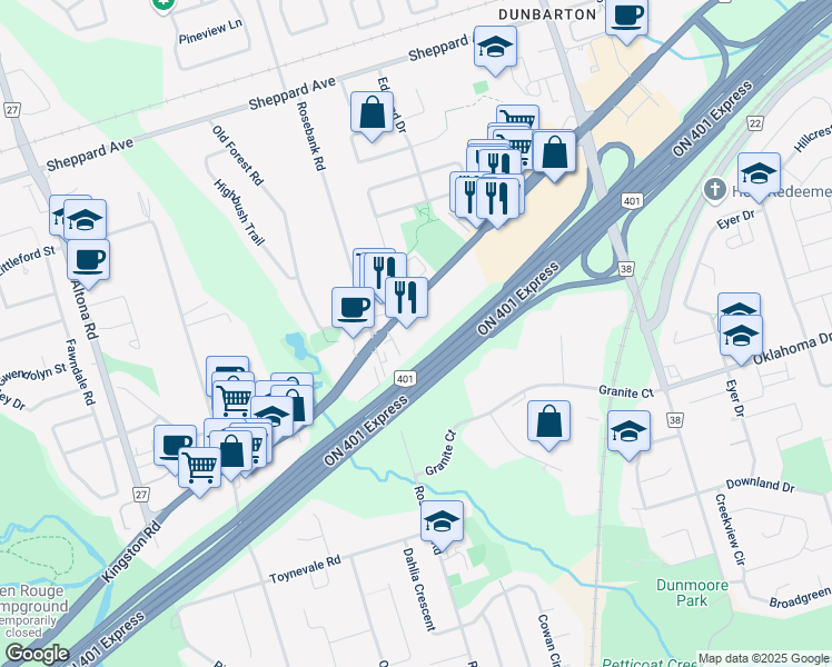 map of restaurants, bars, coffee shops, grocery stores, and more near 533 Kingston Road in Pickering