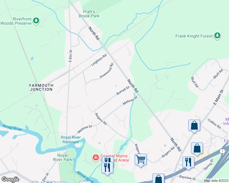 map of restaurants, bars, coffee shops, grocery stores, and more near 53 Burnell Dr in Yarmouth