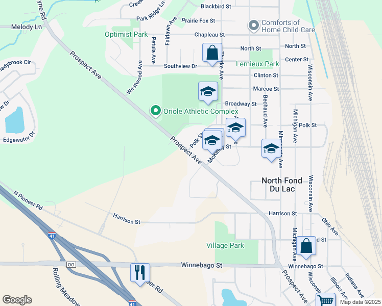 map of restaurants, bars, coffee shops, grocery stores, and more near 1070 Prospect Avenue in North Fond du Lac