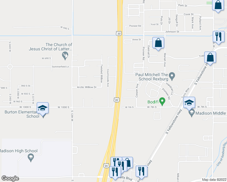 map of restaurants, bars, coffee shops, grocery stores, and more near 614 Sunflower Road in Rexburg
