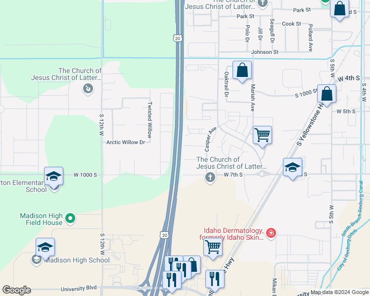map of restaurants, bars, coffee shops, grocery stores, and more near 935 Andrews Place in Rexburg