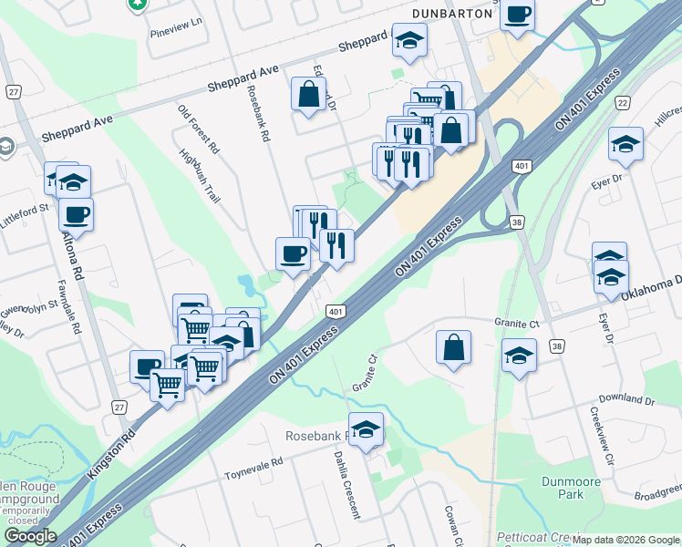 map of restaurants, bars, coffee shops, grocery stores, and more near 533 Kingston Road in Pickering