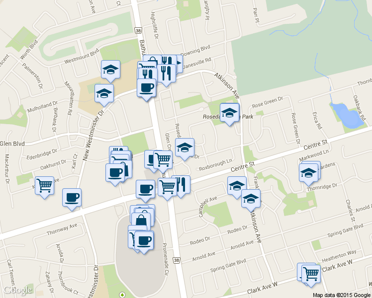map of restaurants, bars, coffee shops, grocery stores, and more near 138 Rosedale Heights Drive in Vaughan