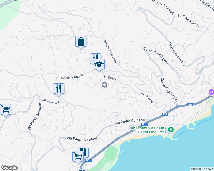 map of restaurants, bars, coffee shops, grocery stores, and more near 109A Strada Solaro in Sanremo
