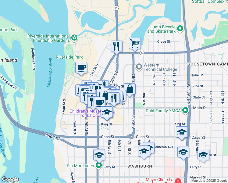 map of restaurants, bars, coffee shops, grocery stores, and more near 425 State Street in La Crosse