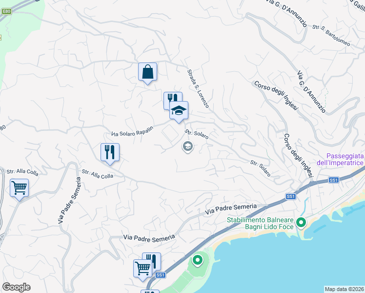 map of restaurants, bars, coffee shops, grocery stores, and more near 109A Strada Solaro in Sanremo