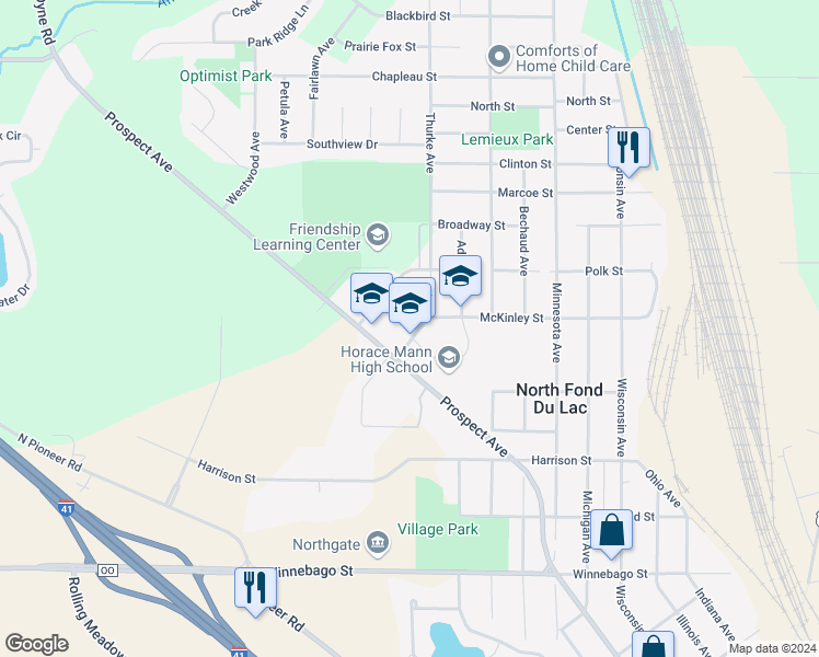 map of restaurants, bars, coffee shops, grocery stores, and more near 314 McKinley Street in North Fond du Lac