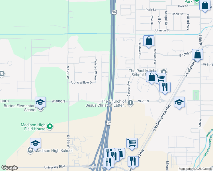 map of restaurants, bars, coffee shops, grocery stores, and more near 596 Sunflower Road in Rexburg