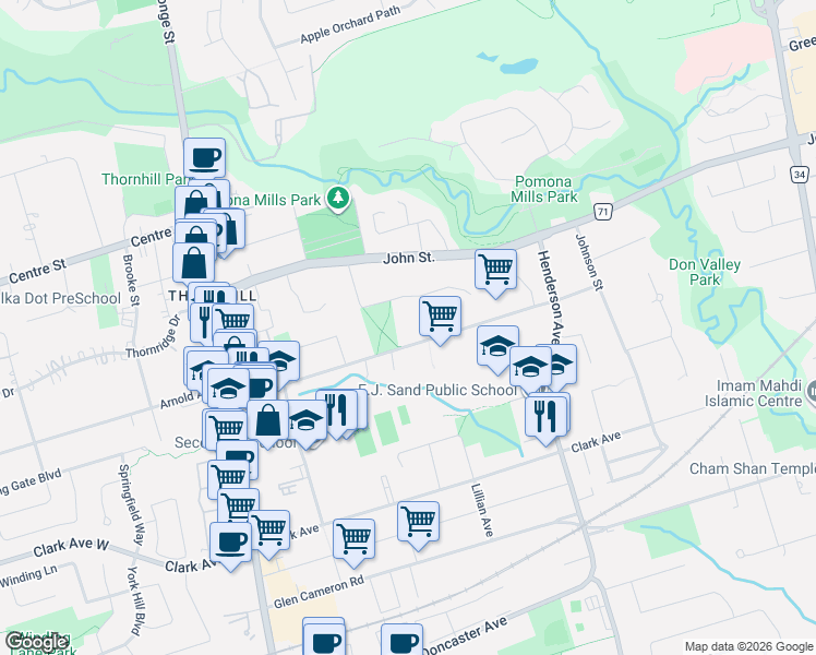 map of restaurants, bars, coffee shops, grocery stores, and more near 78 Elgin Street in Markham