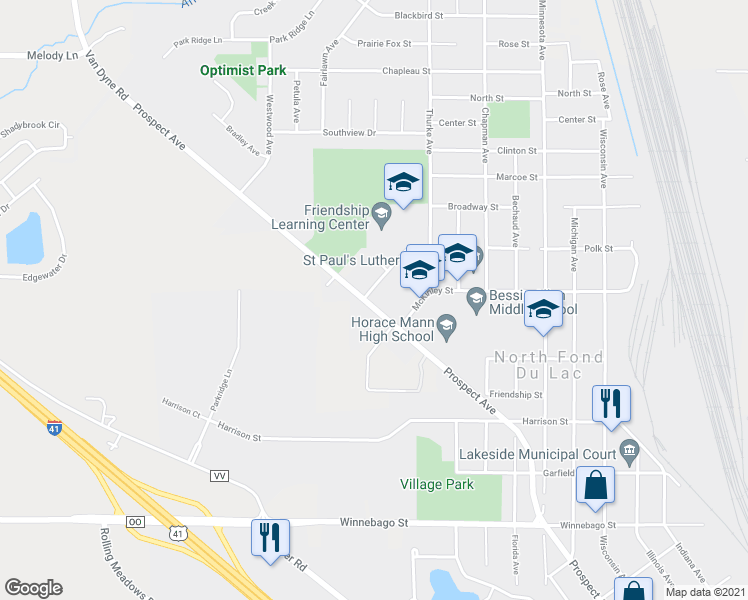 map of restaurants, bars, coffee shops, grocery stores, and more near 1070 Prospect Avenue in North Fond du Lac