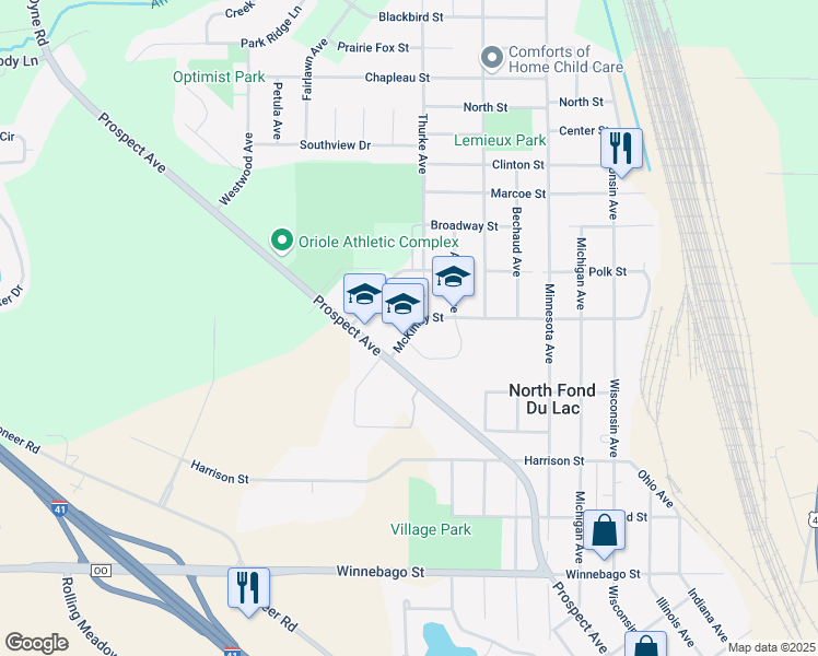 map of restaurants, bars, coffee shops, grocery stores, and more near 314 McKinley Street in North Fond du Lac
