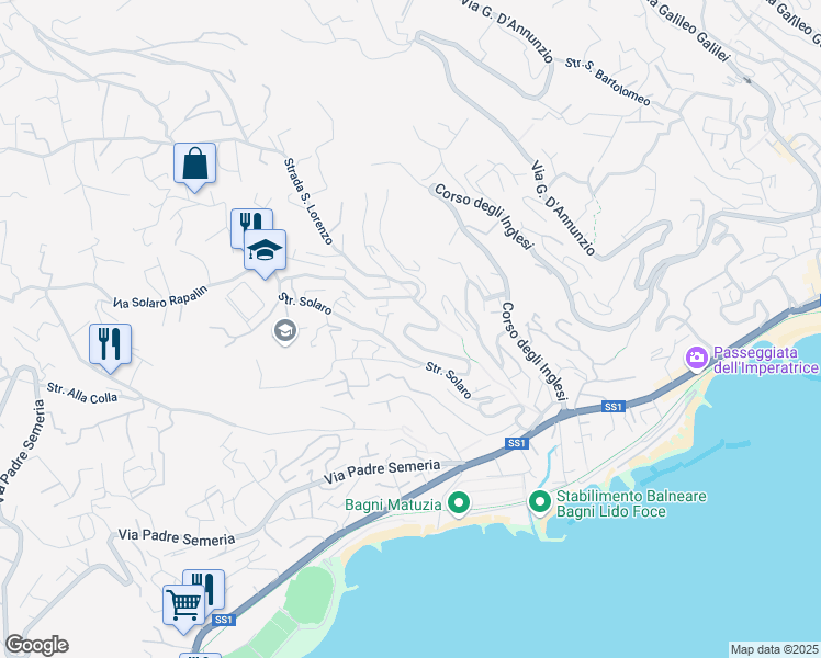 map of restaurants, bars, coffee shops, grocery stores, and more near 179 Strada Solaro in Sanremo