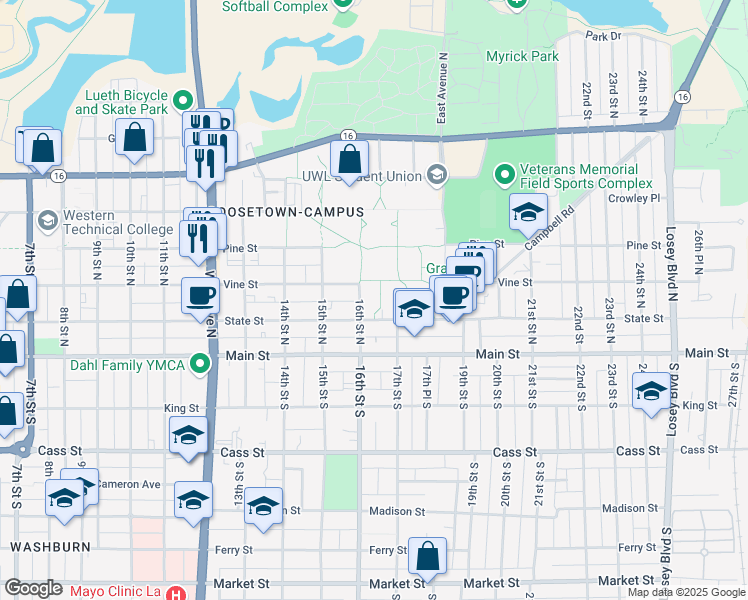 map of restaurants, bars, coffee shops, grocery stores, and more near 1615 State Street in La Crosse