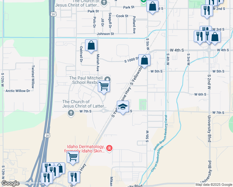 map of restaurants, bars, coffee shops, grocery stores, and more near 591 Turin Way in Rexburg