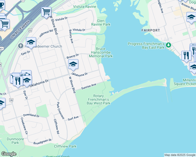map of restaurants, bars, coffee shops, grocery stores, and more near 975 Mink Street in Pickering