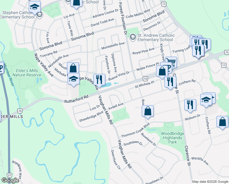 map of restaurants, bars, coffee shops, grocery stores, and more near 39 Carstad Crescent in Vaughan