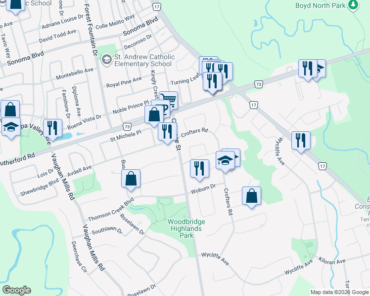 map of restaurants, bars, coffee shops, grocery stores, and more near 85 Appian Way in Vaughan