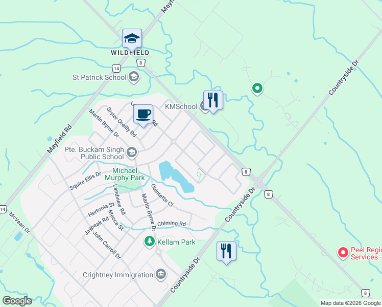 map of restaurants, bars, coffee shops, grocery stores, and more near 9 Belladonna Circle in Brampton