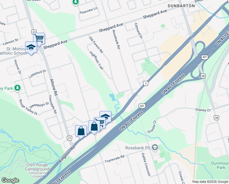 map of restaurants, bars, coffee shops, grocery stores, and more near 1406 Old Forest Road in Pickering