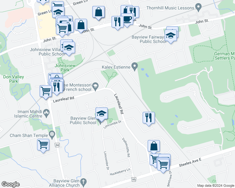 map of restaurants, bars, coffee shops, grocery stores, and more near 53 Laureleaf Road in Markham