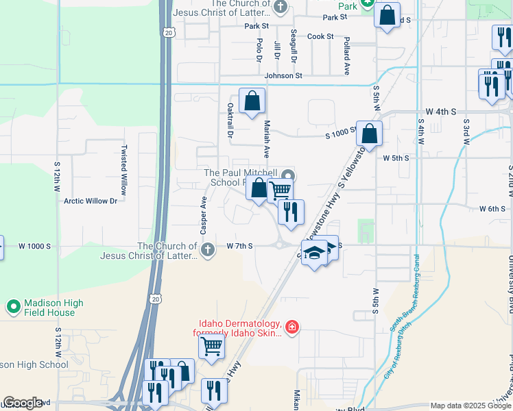 map of restaurants, bars, coffee shops, grocery stores, and more near 2 Pioneer Road in Rexburg