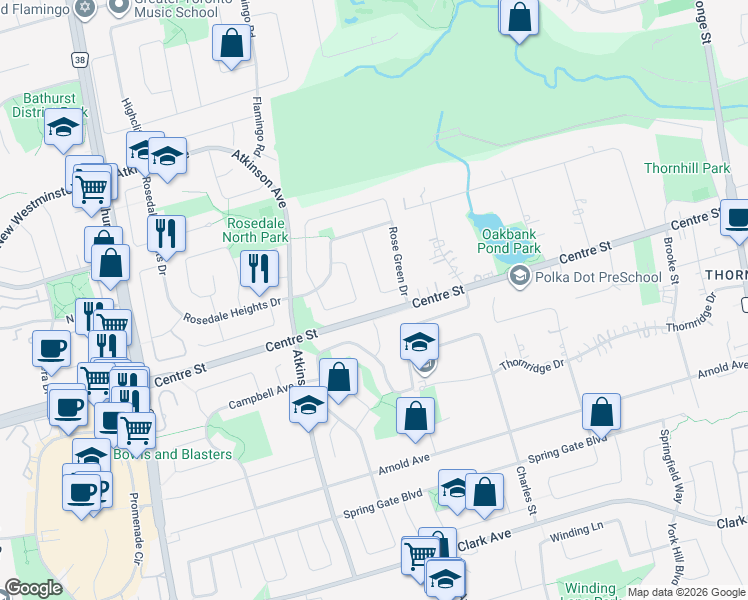 map of restaurants, bars, coffee shops, grocery stores, and more near 23 Green Acres Road in Vaughan