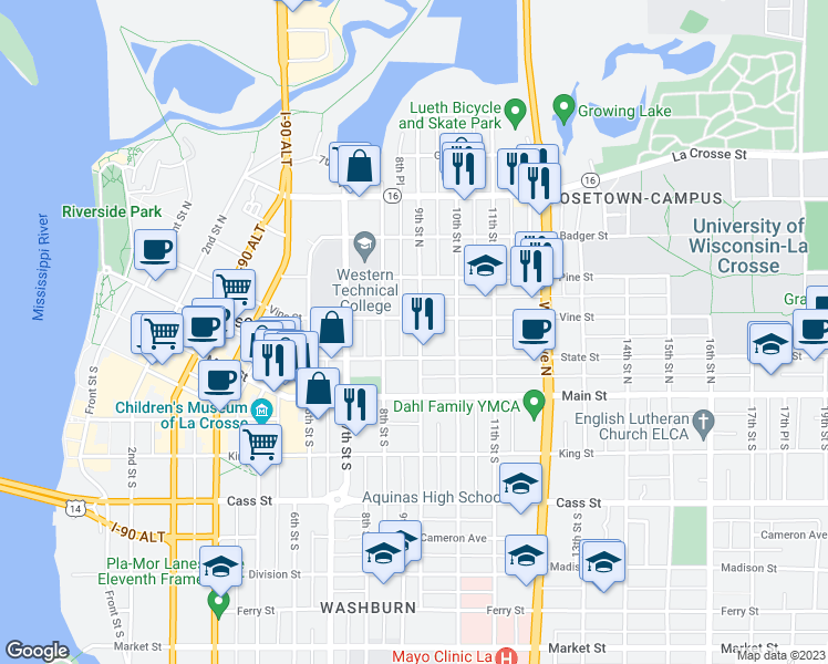 map of restaurants, bars, coffee shops, grocery stores, and more near 221 9th Street North in La Crosse