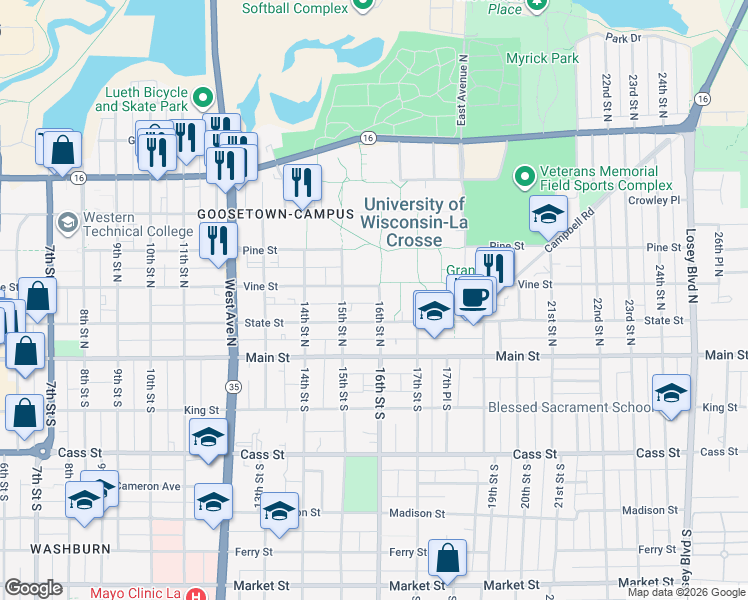 map of restaurants, bars, coffee shops, grocery stores, and more near 221 16th Street North in La Crosse