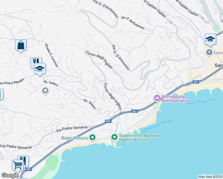 map of restaurants, bars, coffee shops, grocery stores, and more near 541 Corso degli Inglesi in Sanremo
