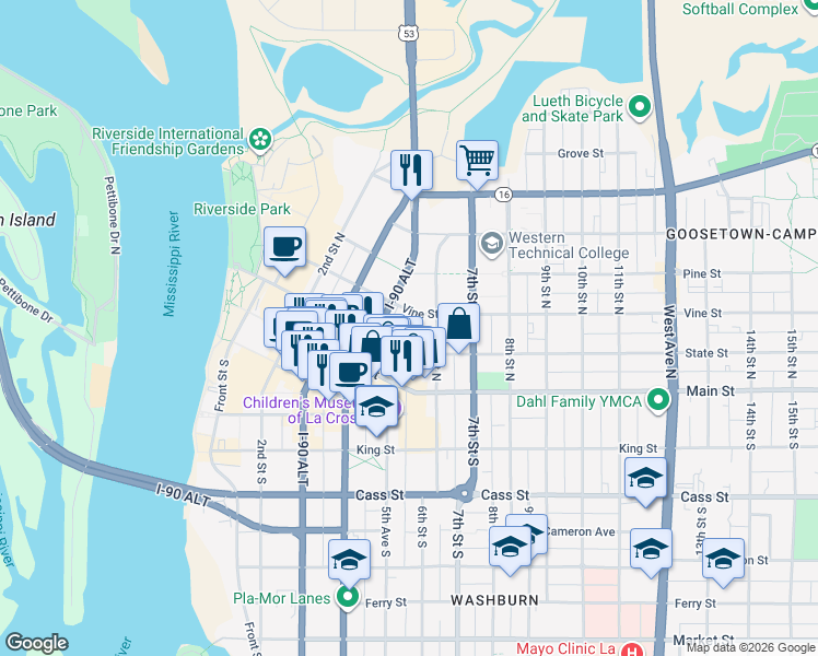 map of restaurants, bars, coffee shops, grocery stores, and more near 425 State Street in La Crosse