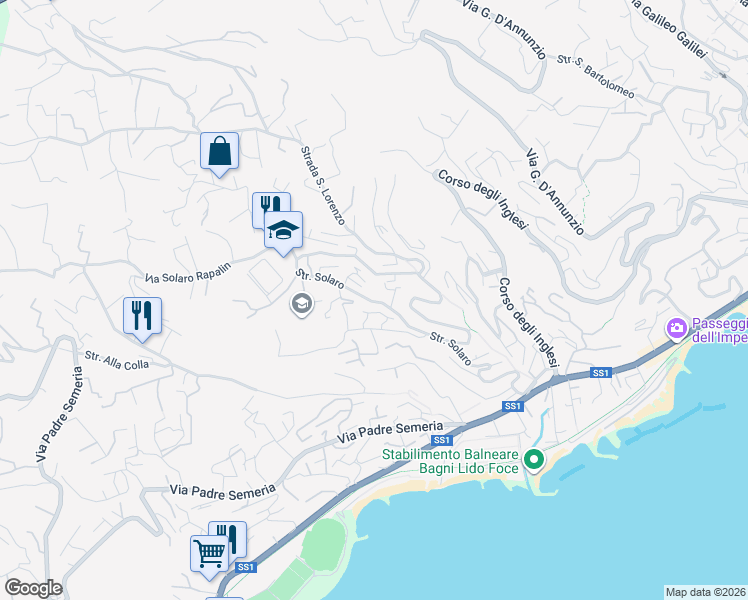 map of restaurants, bars, coffee shops, grocery stores, and more near 70 Strada Solaro in Sanremo