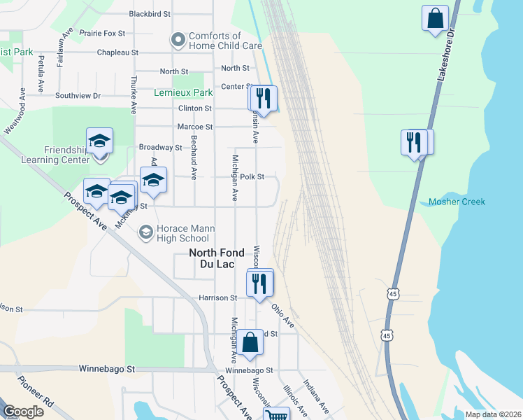 map of restaurants, bars, coffee shops, grocery stores, and more near 940 Wisconsin Avenue in North Fond du Lac