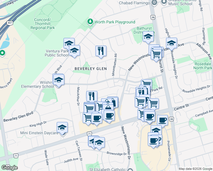 map of restaurants, bars, coffee shops, grocery stores, and more near 32 Edenbridge Drive in Vaughan