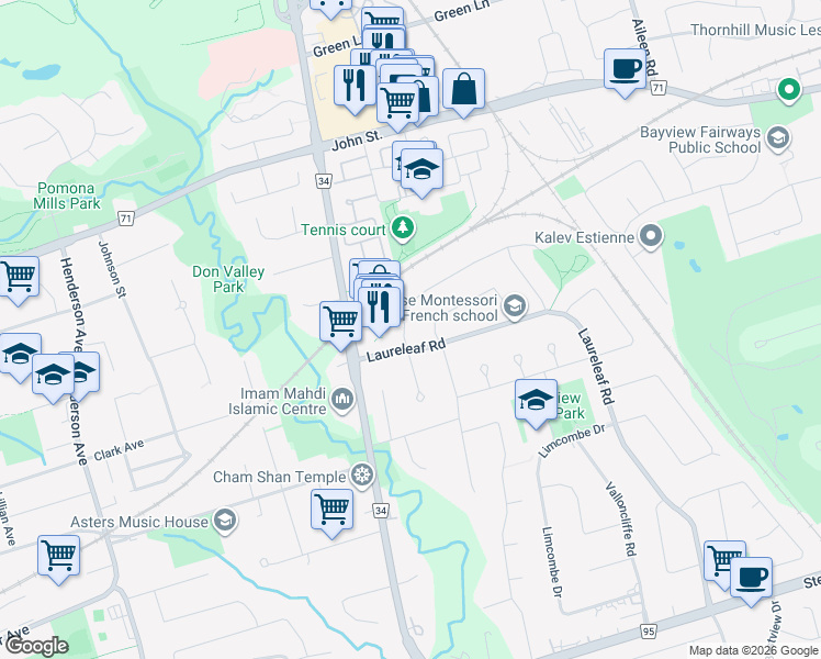 map of restaurants, bars, coffee shops, grocery stores, and more near 19 Ladyslipper Court in Markham