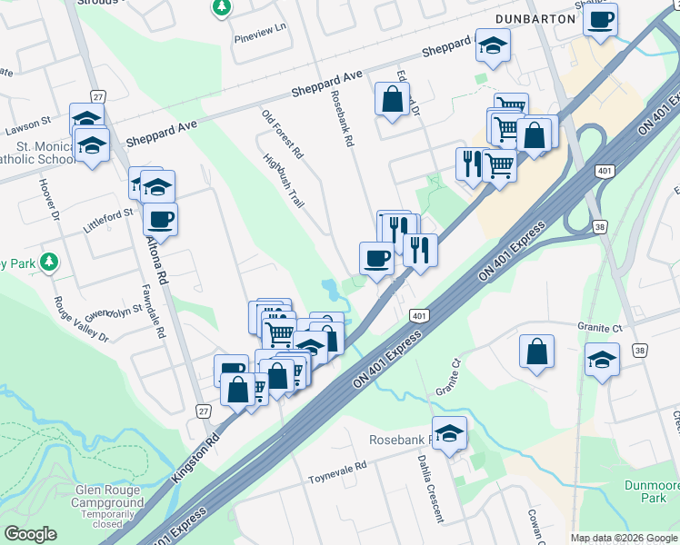 map of restaurants, bars, coffee shops, grocery stores, and more near 1406 Old Forest Road in Pickering