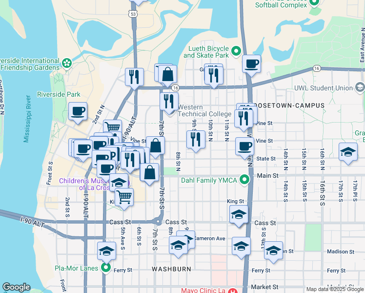 map of restaurants, bars, coffee shops, grocery stores, and more near 226 8th Street North in La Crosse