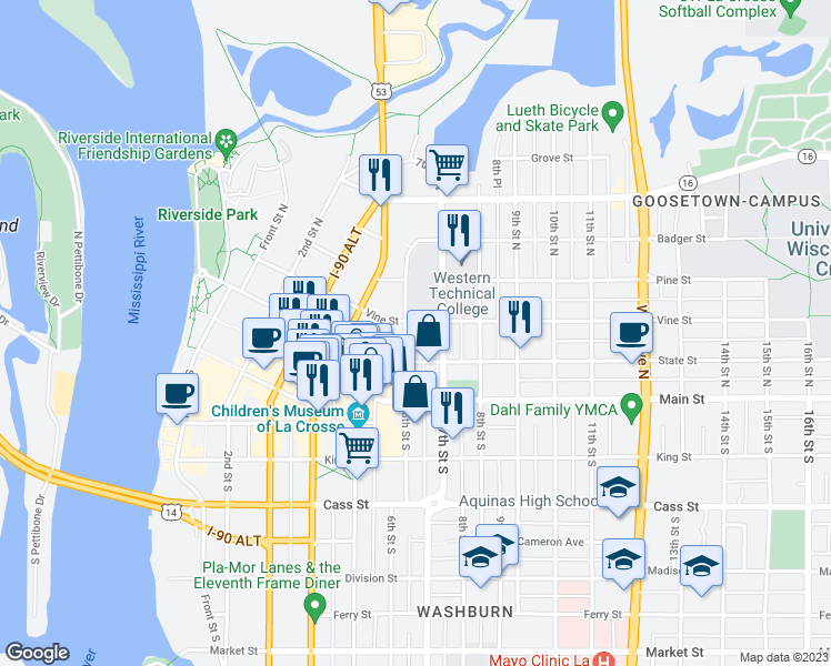 map of restaurants, bars, coffee shops, grocery stores, and more near 224 6th Street South in La Crosse