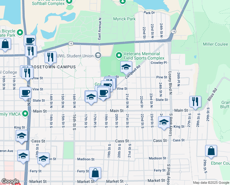 map of restaurants, bars, coffee shops, grocery stores, and more near 221 20th Street North in La Crosse