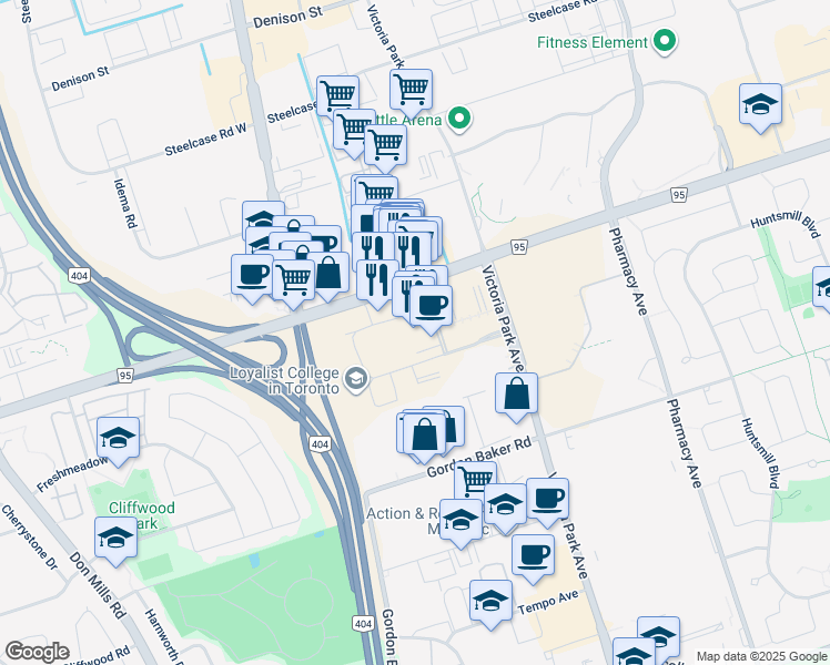 map of restaurants, bars, coffee shops, grocery stores, and more near 3389 Steeles Avenue East in Toronto