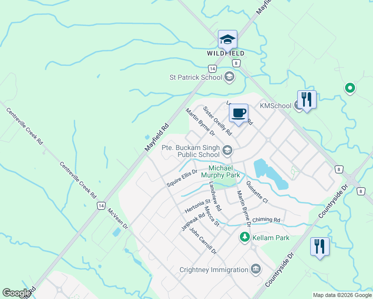map of restaurants, bars, coffee shops, grocery stores, and more near 62 Observatory Crescent in Brampton