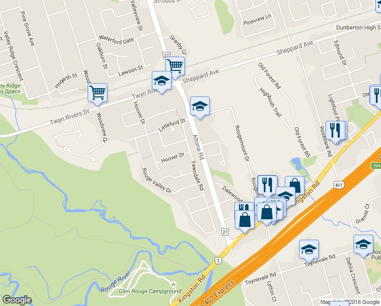 map of restaurants, bars, coffee shops, grocery stores, and more near 1275 Fawndale Road in Pickering