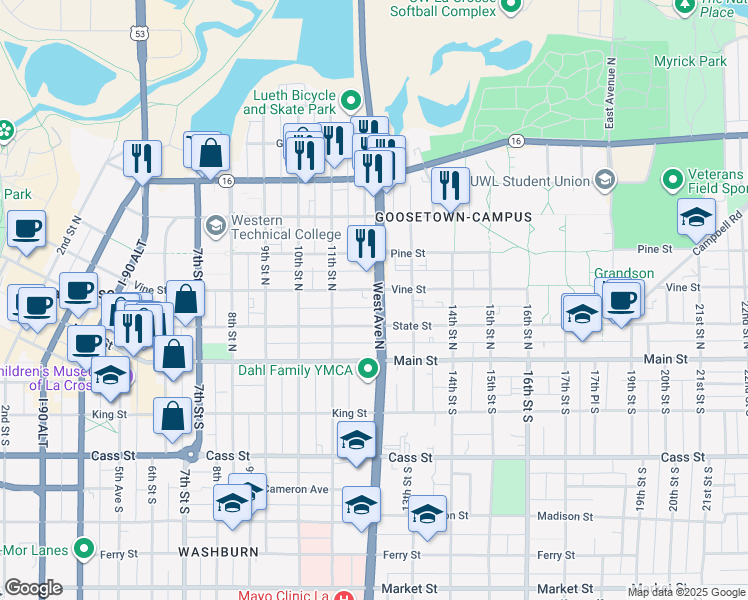 map of restaurants, bars, coffee shops, grocery stores, and more near 223 West Avenue North in La Crosse