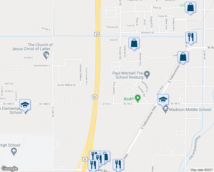 map of restaurants, bars, coffee shops, grocery stores, and more near 900 Andrews Place in Rexburg