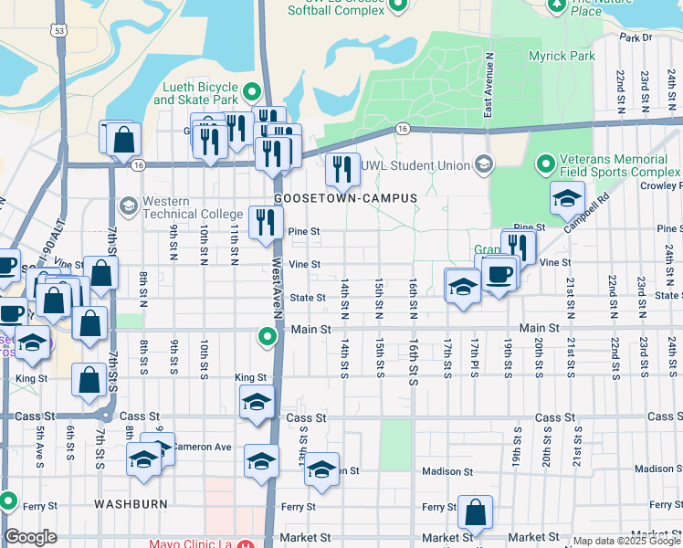 map of restaurants, bars, coffee shops, grocery stores, and more near 227 14th Street North in La Crosse
