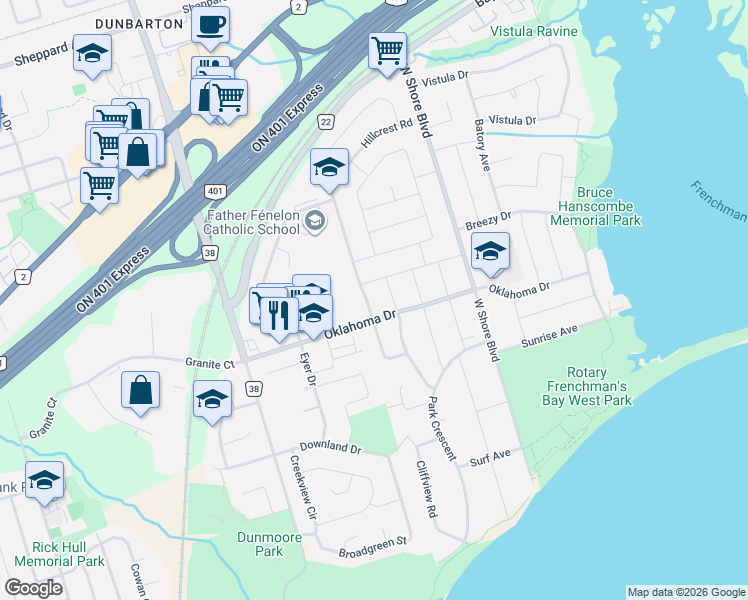 map of restaurants, bars, coffee shops, grocery stores, and more near 735 Hillcrest Road in Pickering