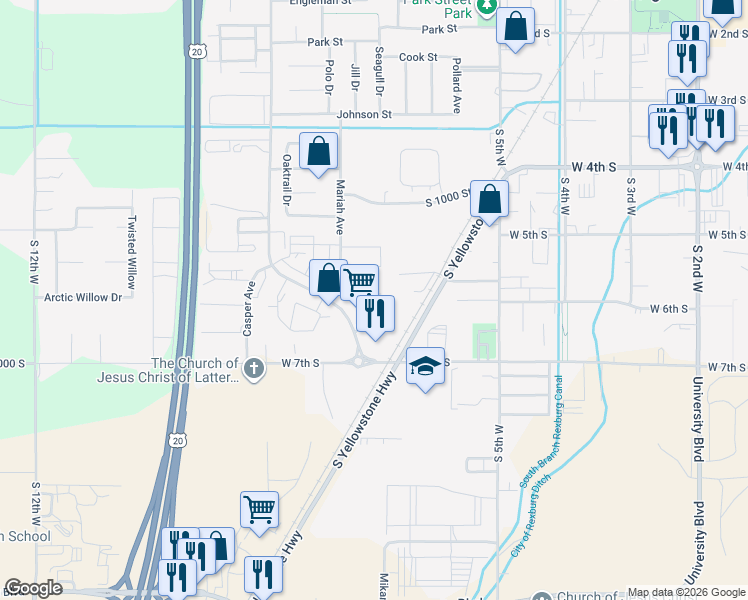 map of restaurants, bars, coffee shops, grocery stores, and more near 595 Handcart Lane in Rexburg